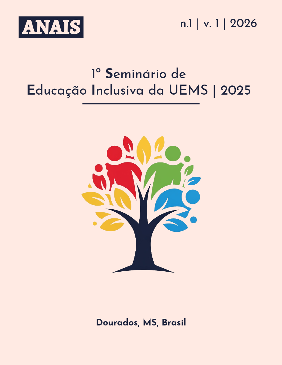 Capa do livro de anais do 1º Seminário de Educação Inclusiva da UEMS, realizado em 2025. O fundo é de cor bege claro. No topo esquerdo, a palavra 'ANAIS' em destaque dentro de um retângulo escuro e, à direita, as informações 'n.1 | v. 1 | 2026'. No centro, o título do evento em azul marinho. Abaixo do título, há uma ilustração de uma árvore estilizada cujas copas e folhas formam silhuetas humanas coloridas em vermelho, verde, azul e amarelo, simbolizando diversidade e união. Na base da imagem, lê-se 'Dourados, MS, Brasil'.