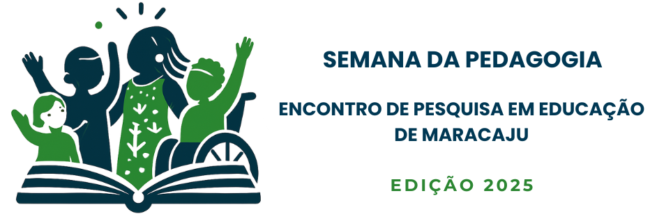 Banner com fundo cinza-claro. À esquerda, uma ilustração colorida mostra quatro crianças ao redor de um livro aberto. As figuras estão nas cores azul-escuro, verde e branco. Uma das crianças está em uma cadeira de rodas. Todas aparecem com os braços levantados, em uma expressão de alegria e participação. O livro aberto ocupa a base da ilustração, simbolizando a educação e o conhecimento.  À direita, em letras maiúsculas e na cor azul-escuro, está escrito: “Semana da Pedagogia” e, logo abaixo, “Encontro de Pesquisa em Educação de Maracaju”. Na parte inferior, em letras verdes, aparece a expressão “Edição 2025”.